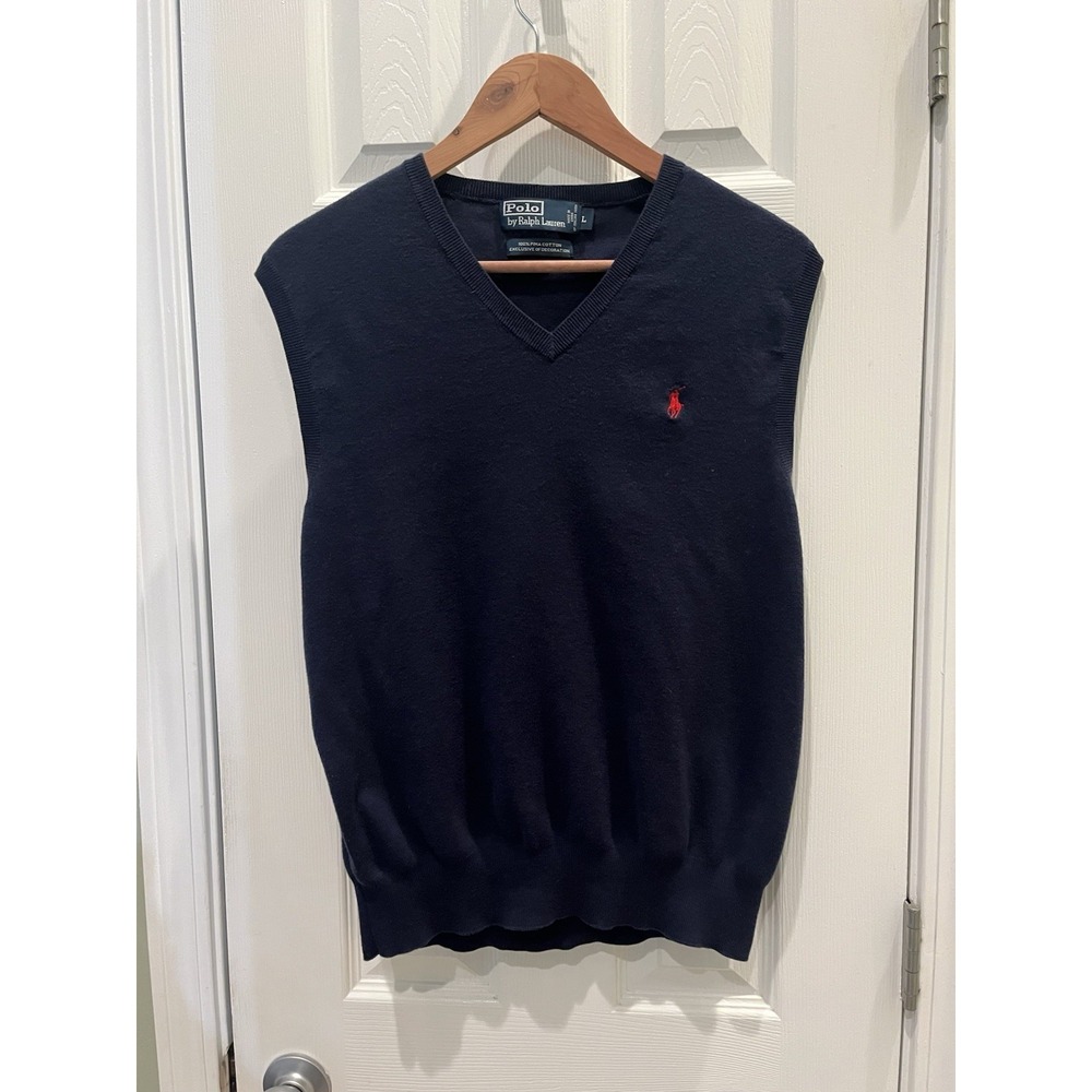 Men's Polo Ralph Lauren Sz L Navy Blue 100% Pima Cotton Sweater‎ Vest Red Pony